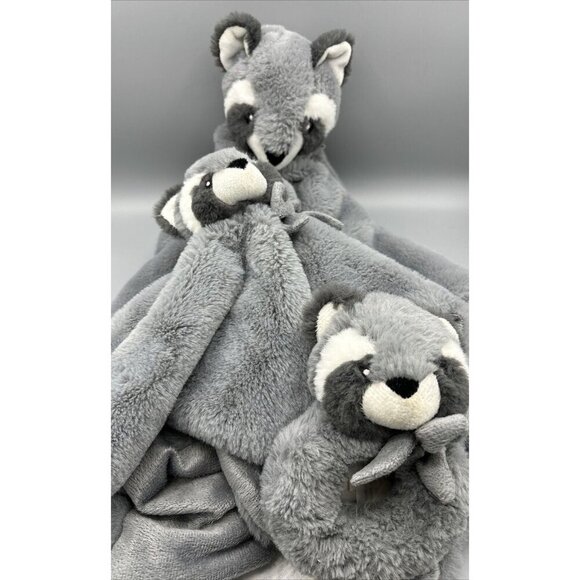 Little Miracles 3 Pc Raccoon Lovey Rattle Security Blanket Set Plush Baby Gray - Picture 1 of 6
